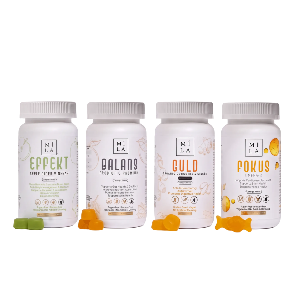 Four white supplement bottles from MILA arranged in a row on a white background, with small gummy candies placed in front of each bottle. The bottles are labeled EPEKKT, BALANS, GULD, and POKUS.