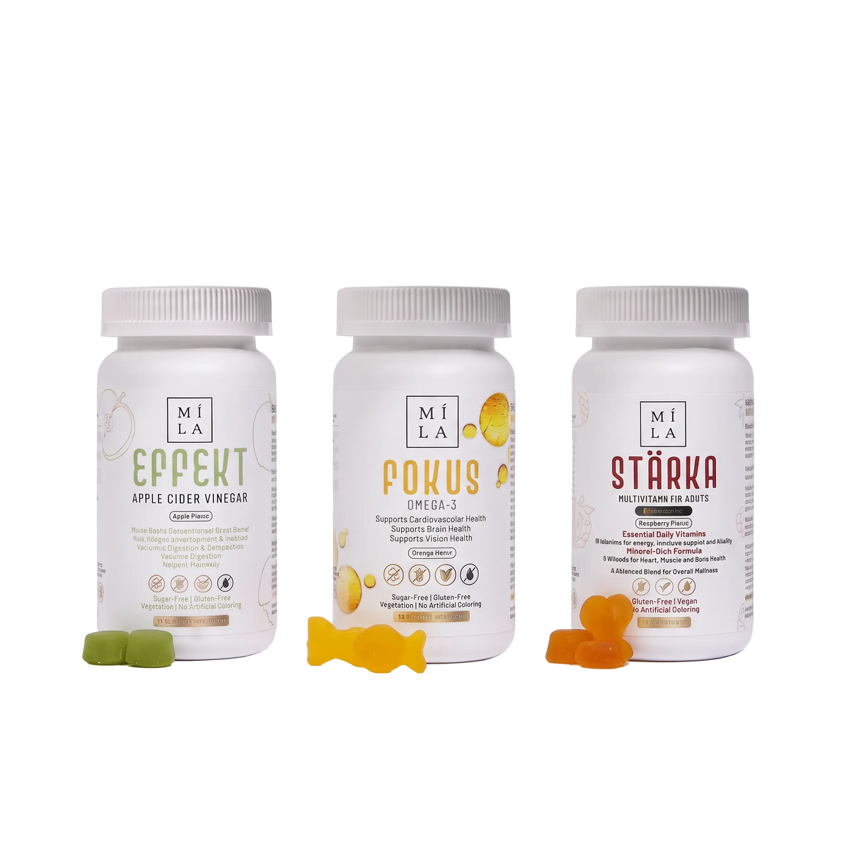 Three white supplement bottles from MILA arranged on a white background, with small gummy candies in green, yellow, and orange placed in front of each bottle. The bottles are labeled EPEKPT Apple Cider Vinegar, POKUS Omega-3, and ŽĀRA Probiotic Fermented Gummies.